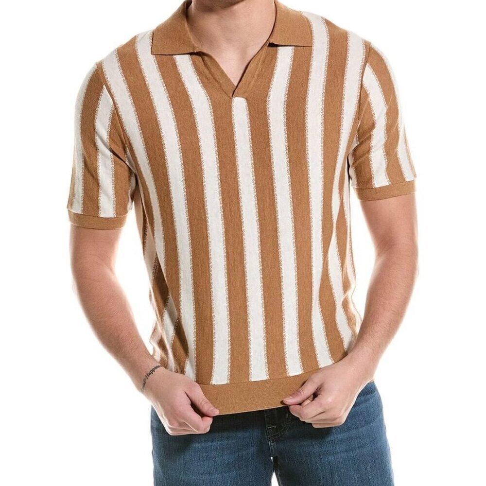 Magaschoni Mens Blend Of Wool/ Cotton Jhonny Collar Vertical Stripe Pullover L